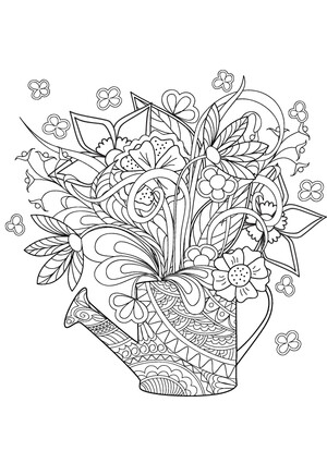 Online coloring book: Anti-stress watering can with flowers coloring page